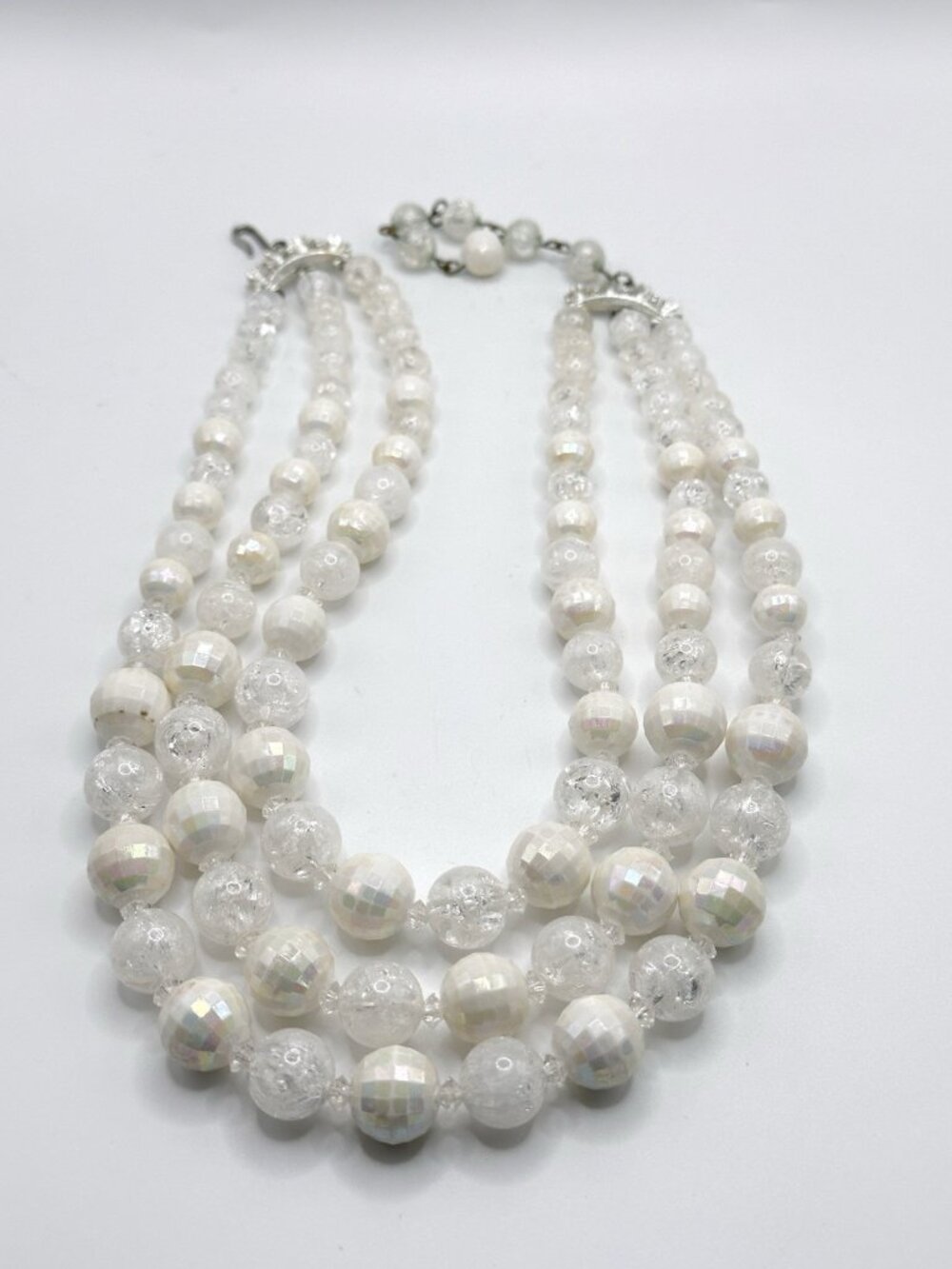 Vintage 50s CORO Triple Strand Necklace Plastic Crackle & Ab Faceted Beads